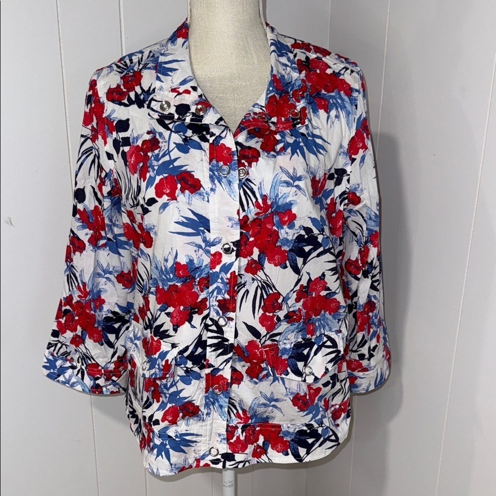Chico's Red and Blue Floral Button-Down Shirt